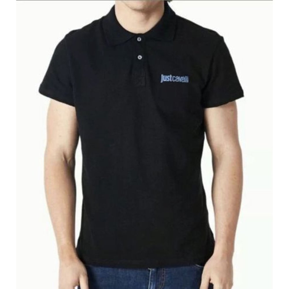 New Roberto Cavalli Just Cavalli Polo Shirt! L  Black With Blue Logo  SLIM FIT